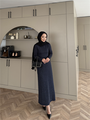 Taşlı Scuba Elbise Lacivert (26027)