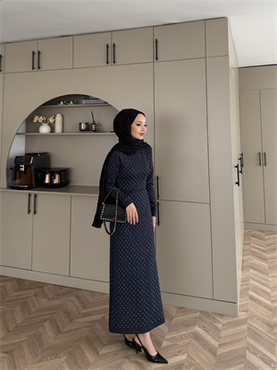 Taşlı Scuba Elbise Lacivert (26027)