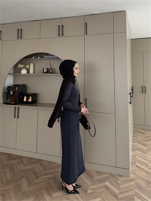 Taşlı Scuba Elbise Lacivert (26027)