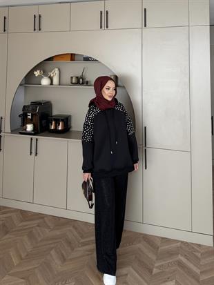 Taşlı Scuba Sweat Siyah