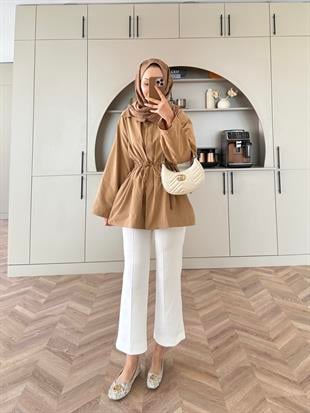 Taşlı Trenç Açık Camel