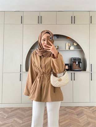 Taşlı Trenç Açık Camel