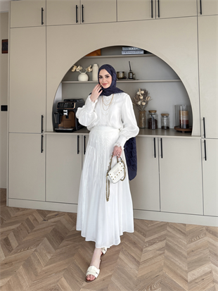 Teal Dikiş Detaylı Etekli Takım Beyaz (5726)