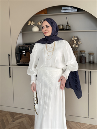 Teal Dikiş Detaylı Etekli Takım Beyaz (5726)