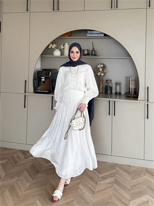 Teal Dikiş Detaylı Etekli Takım Beyaz (5726)