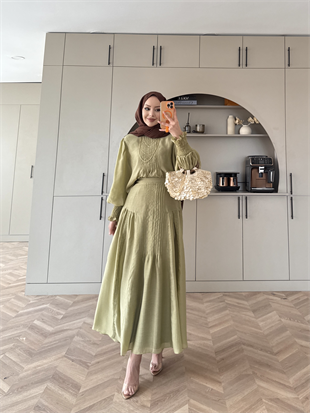 Teal Dikiş Detaylı Etekli Takım Haki (5726)