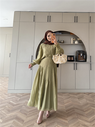 Teal Dikiş Detaylı Etekli Takım Haki (5726)