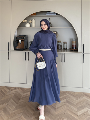 Teal Dikiş Detaylı Etekli Takım İndigo (5736)