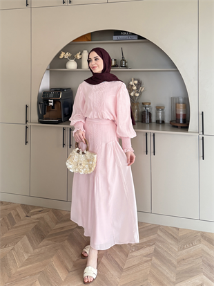 Teal Dikiş Detaylı Etekli Takım Pembe (5726)