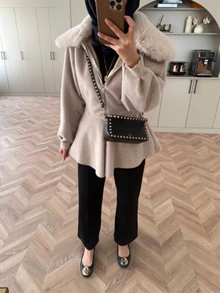Tegan Kürk Detaylı Ceket/Kaban Bej