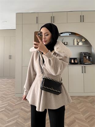 Tegan Kürk Detaylı Ceket/Kaban Bej