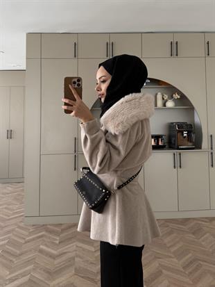 Tegan Kürk Detaylı Ceket/Kaban Bej