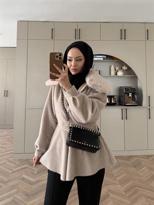 Tegan Kürk Detaylı Ceket/Kaban Bej
