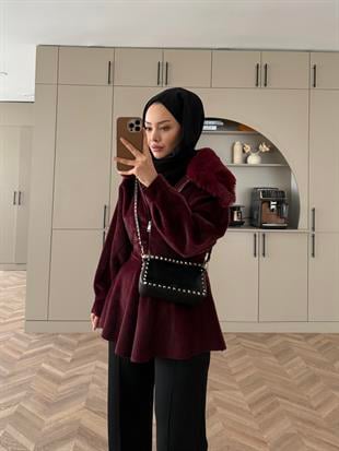 Tegan Kürk Detaylı Ceket/Kaban Bordo