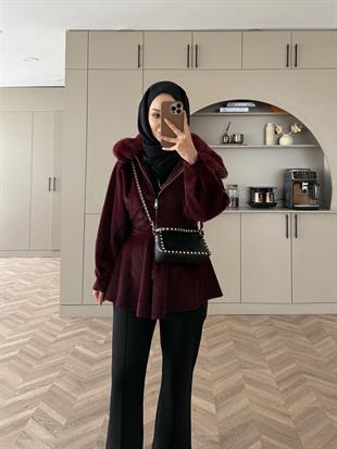 Tegan Kürk Detaylı Ceket/Kaban Bordo