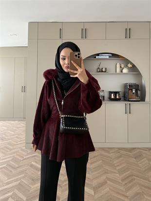 Tegan Kürk Detaylı Ceket/Kaban Bordo