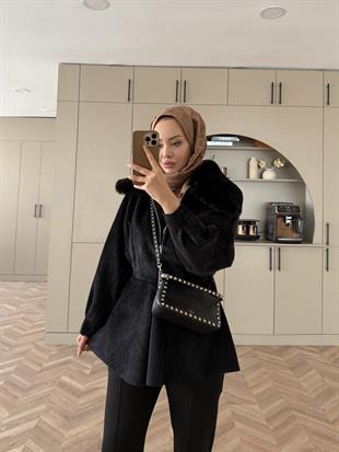 Tegan Kürk Detaylı Ceket/Kaban Siyah