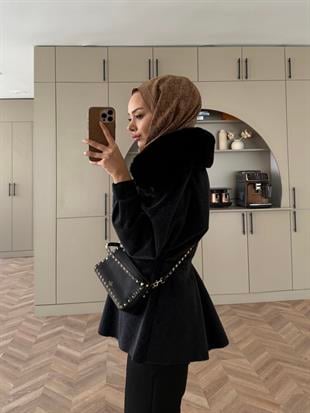 Tegan Kürk Detaylı Ceket/Kaban Siyah