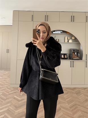 Tegan Kürk Detaylı Ceket/Kaban Siyah