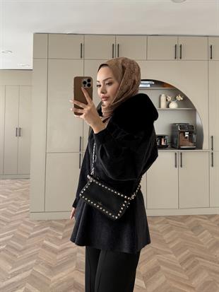 Tegan Kürk Detaylı Ceket/Kaban Siyah