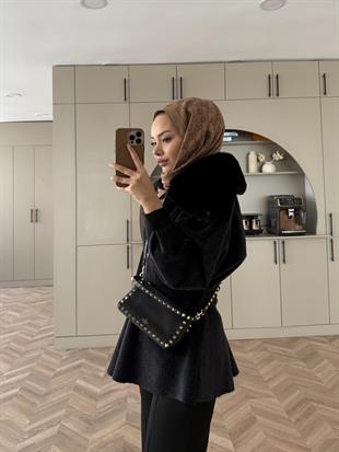 Tegan Kürk Detaylı Ceket/Kaban Siyah