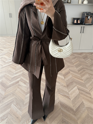 Teresa Nervür Taşlı Pantolonlu Takım Mürdüm (26013)