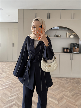 Teresa Nervür Taşlı Pantolonlu Takım Lacivert (26013)