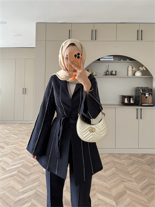 Teresa Nervür Taşlı Pantolonlu Takım Lacivert (26013)