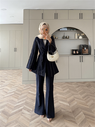 Teresa Nervür Taşlı Pantolonlu Takım Lacivert (26013)