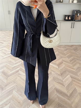 Teresa Nervür Taşlı Pantolonlu Takım Lacivert (26013)