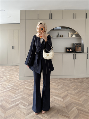 Teresa Nervür Taşlı Pantolonlu Takım Lacivert (26013)