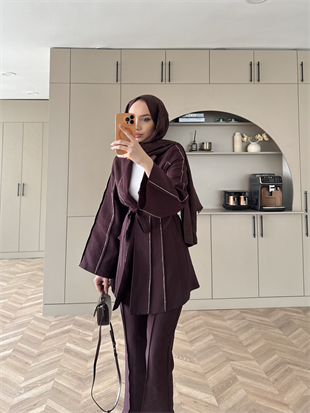 Teresa Nervür Taşlı Pantolonlu Takım Mürdüm (26013)