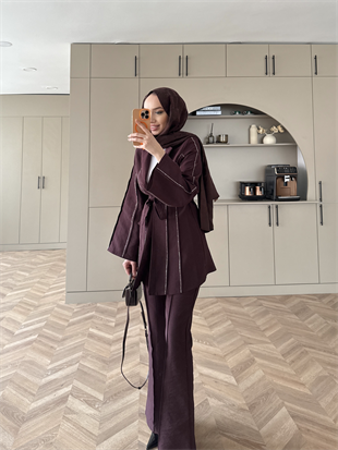 Teresa Nervür Taşlı Pantolonlu Takım Mürdüm (26013)