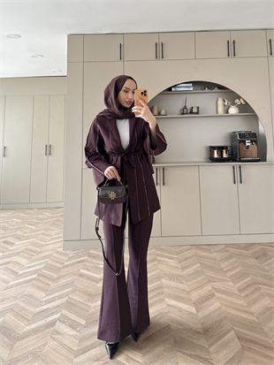 Teresa Nervür Taşlı Pantolonlu Takım Mürdüm (26013)