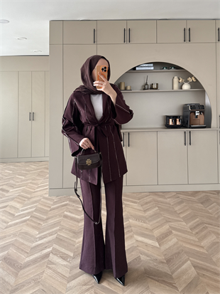 Teresa Nervür Taşlı Pantolonlu Takım Mürdüm (26013)
