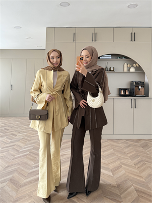 Teresa Nervür Taşlı Pantolonlu Takım Sarı (26013)