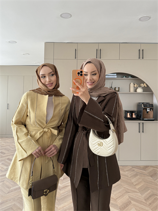 Teresa Nervür Taşlı Pantolonlu Takım Sarı (26013)