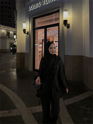 Teresa Nervür Taşlı Pantolonlu Takım Siyah (26013)