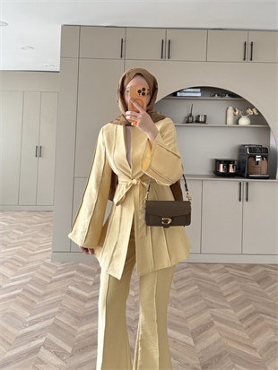 Teresa Nervür Taşlı Pantolonlu Takım Sarı (26013)