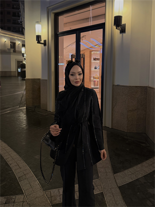 Teresa Nervür Taşlı Pantolonlu Takım Siyah (26013)