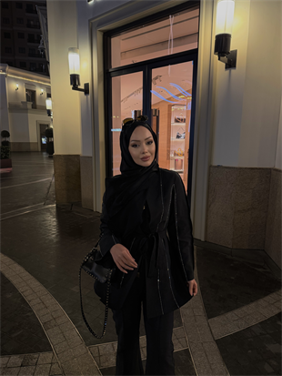 Teresa Nervür Taşlı Pantolonlu Takım Siyah (26013)