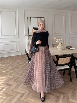 Tocha Ekose Şifon Etek Camel 