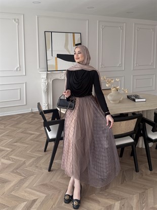 Tocha Ekose Şifon Etek Camel 