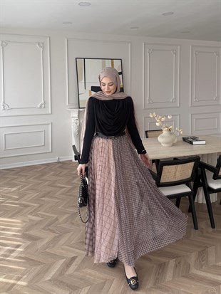 Tocha Ekose Şifon Etek Camel 