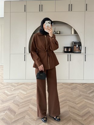 Toffee Fermuarlı Pantolonlu Takım Kahve (8014)