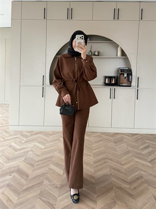 Toffee Fermuarlı Pantolonlu Takım Kahve (8014)