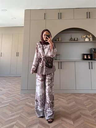 Toile Desenli Pantolonlu Takım Kahve (4525)