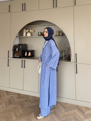 Tokyo Yırtmaçlı Kimono Pantolonlu Takım Mavi (5813)