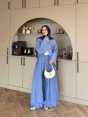 Tokyo Yırtmaçlı Kimono Pantolonlu Takım Mavi (5813)
