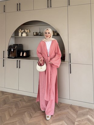 Tokyo Yırtmaçlı Kimono Pantolonlu Takım Pembe (5813)
